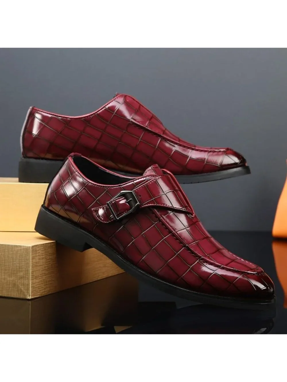 Men's Red Monk Strap Dress Loafer Shoes Retro Leather Oxfords Shoes